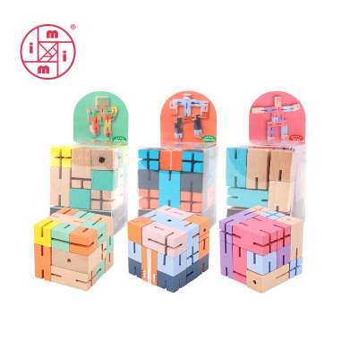 wooden toy cube puzzles for kids foldable wooden robot man puzzle